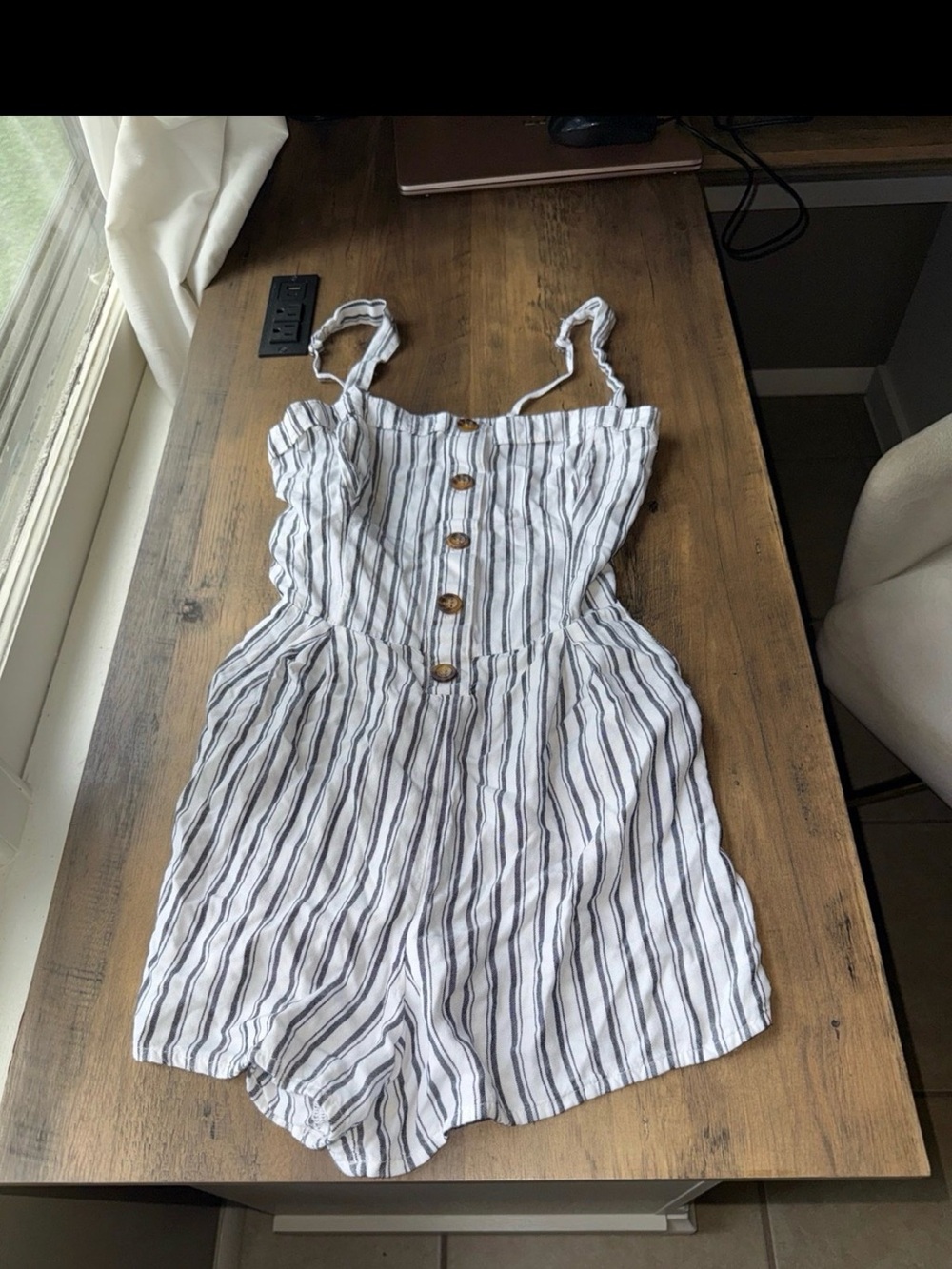 Holliester Striped Button-Front Linen Romper in White and Gay